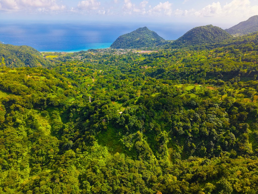 Pichelin in Dominica met kustdorp en uitzicht over de Caribische Zee